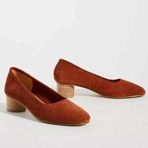 Anthropologie Soludos Juliette Pumps Stacked Heel Suede Round Toe Rust Orange 11